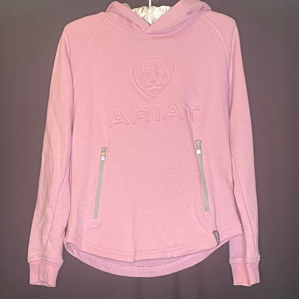 Ariat equestrian girl’s pink and grey riding hoodie.